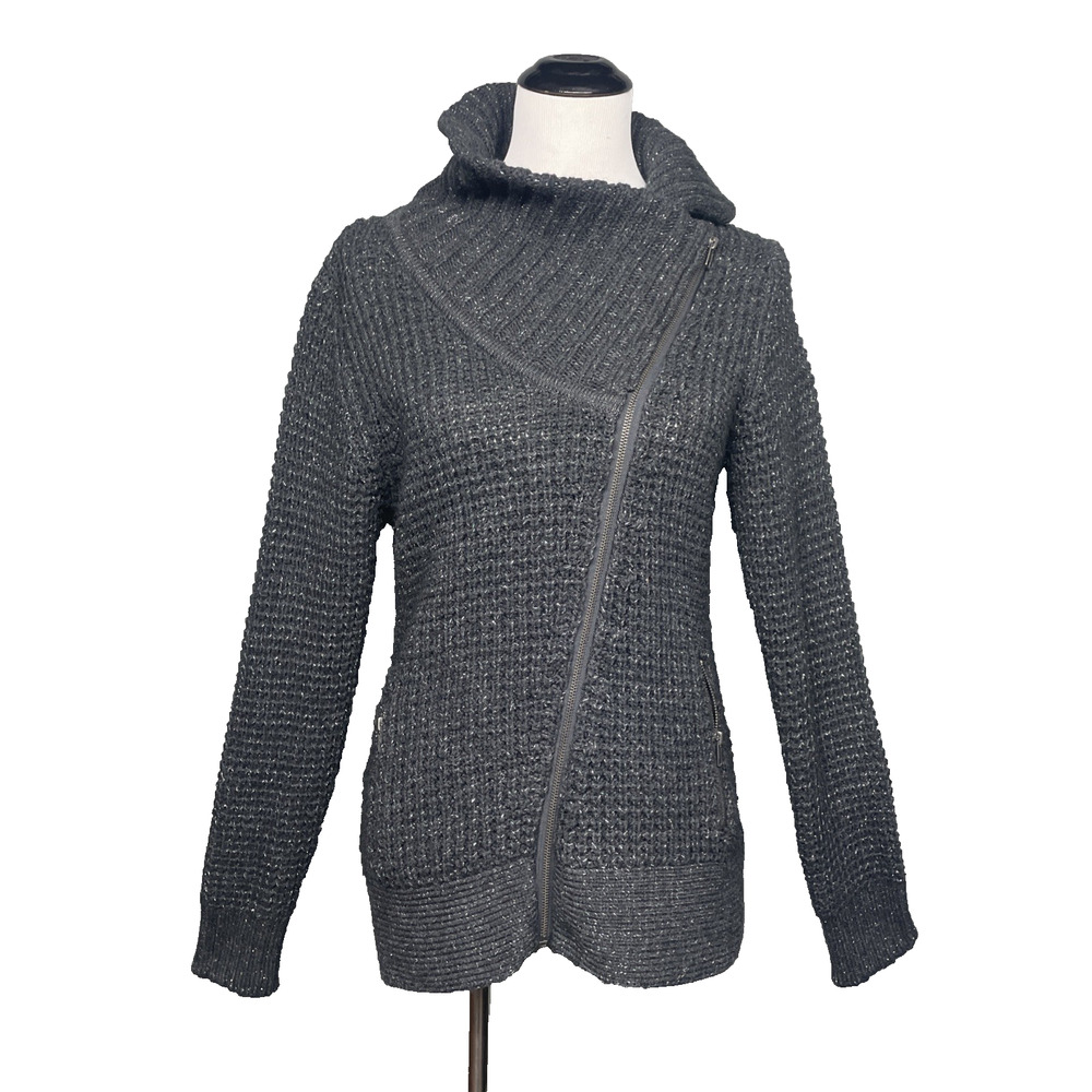 Fenn Wright Manson Womens L Gray Metallic Knit Zip Cardigan Sweater Asymmetrical